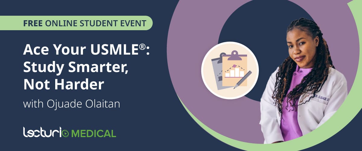 Promotional banner for free USMLE prep event featuring Ojuaade Olaitan.
