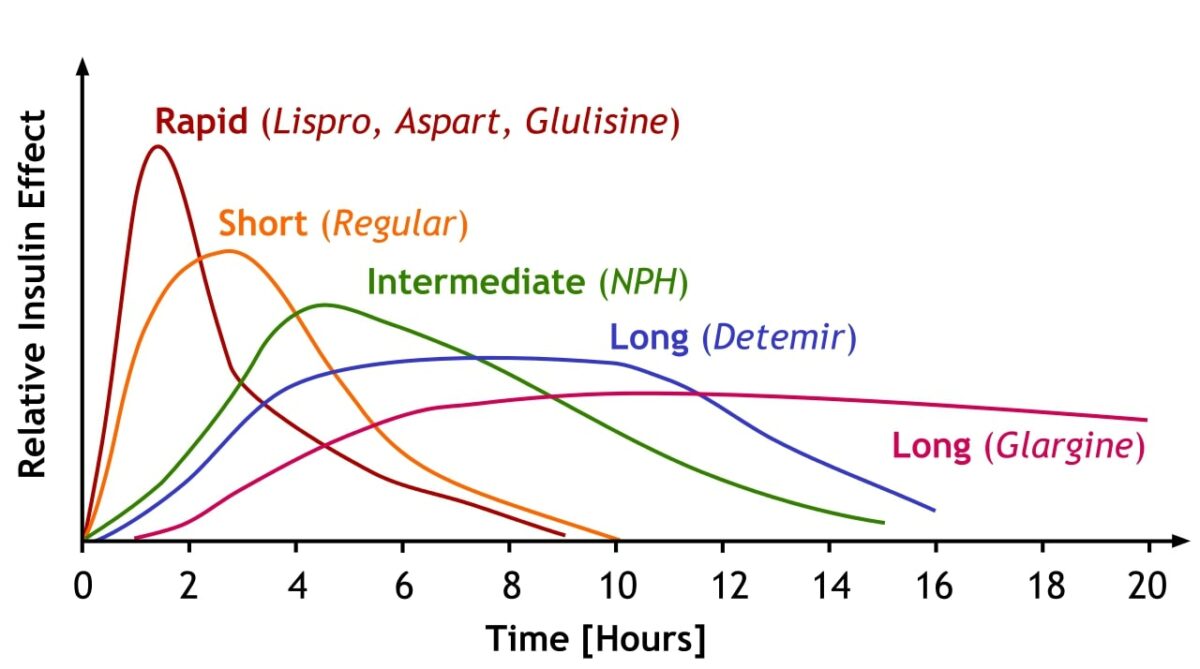 Uma comparação do início, efeito de pico e duração de diferentes subtipos de insulina
