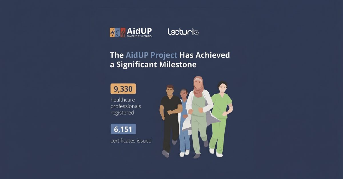 Banner showing Lecturio's Milestones with their AidUp project: 9330 registrants and 6151 certificates.