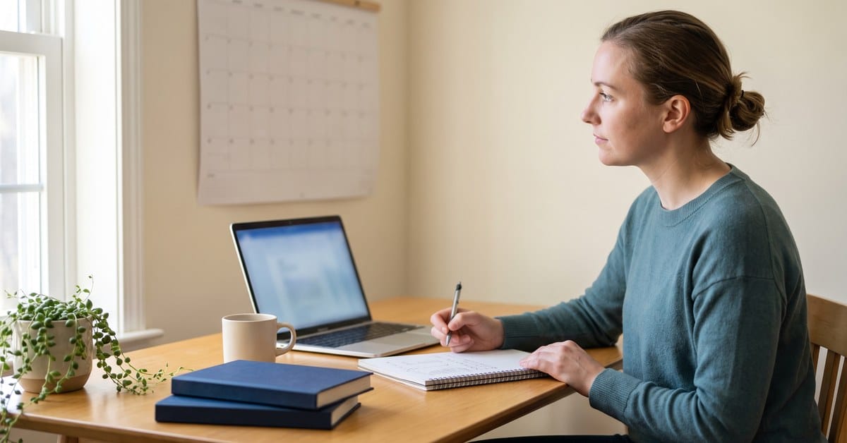 Woman sitting behing a desk taking notes