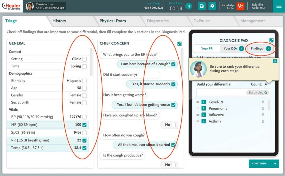 Healer digital medical assessment interface for patient daniela ines.