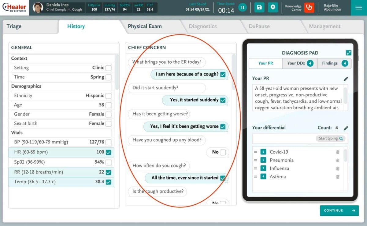 Healer ehr interface for patient daniela ines, step 2.