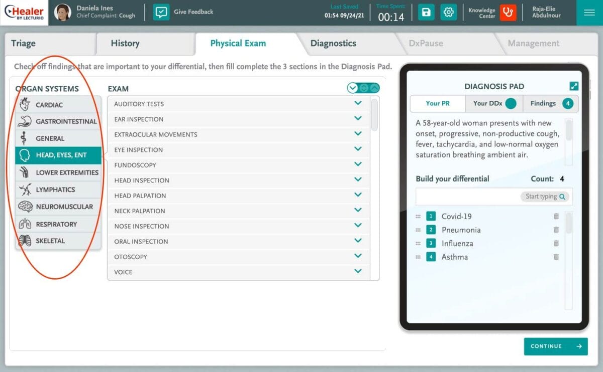 Virtual medical diagnostic interface showing physical exam and patient diagnosis.