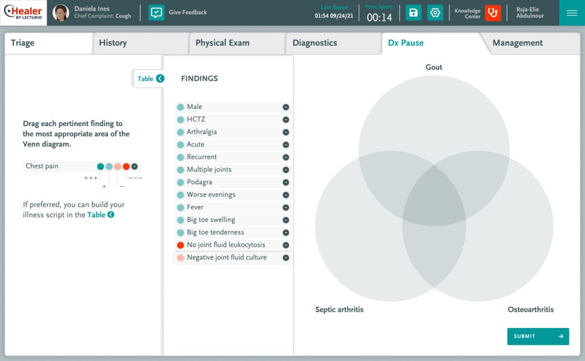 Medical simulation screen showing diagnosis pause for chest pain patient.