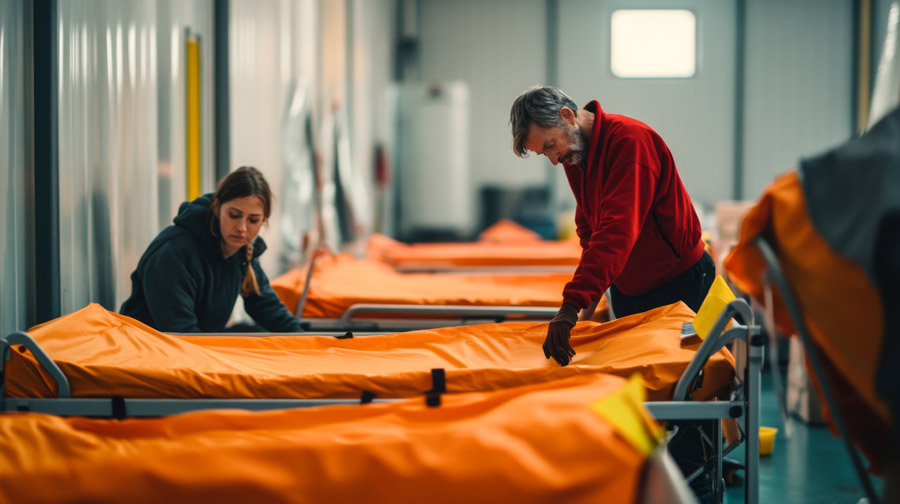 Two people setting up rows of cots with bright orange covers inside a temporary emergency or field facility.