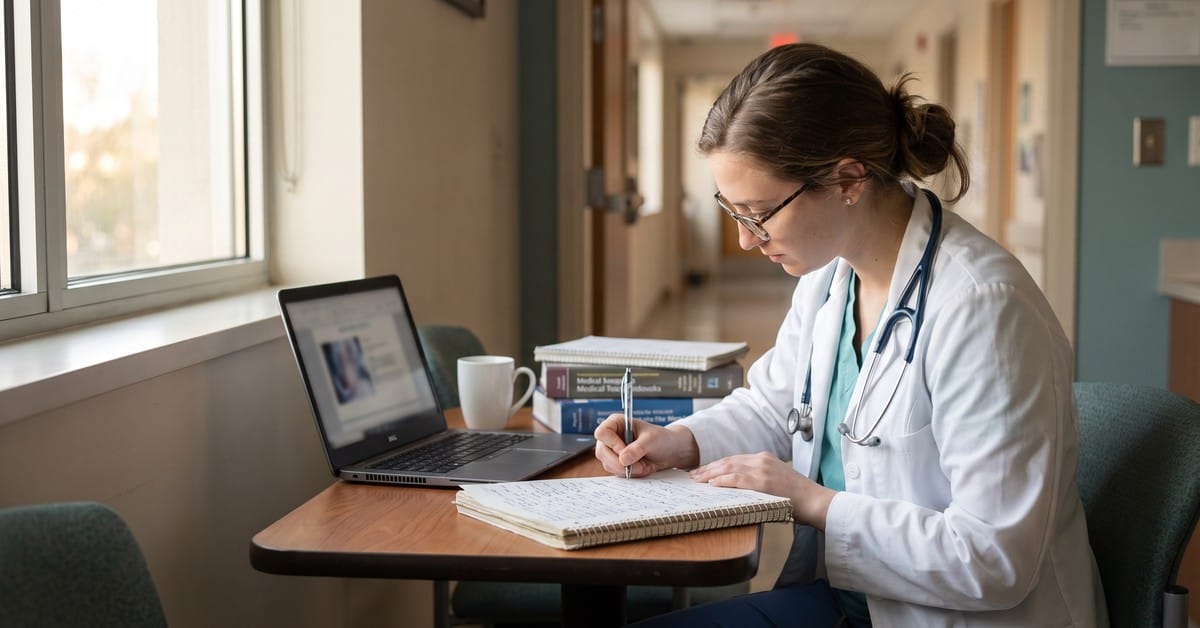 Doctor sitting behind a desk taking notes