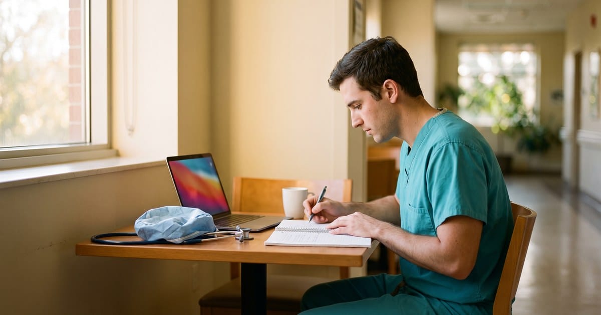 Medical student sitting behind a desk taking notes