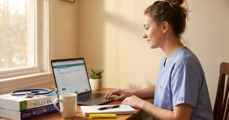 Nurse sitting behind desk studying on her laptop surrounded by nclex books.