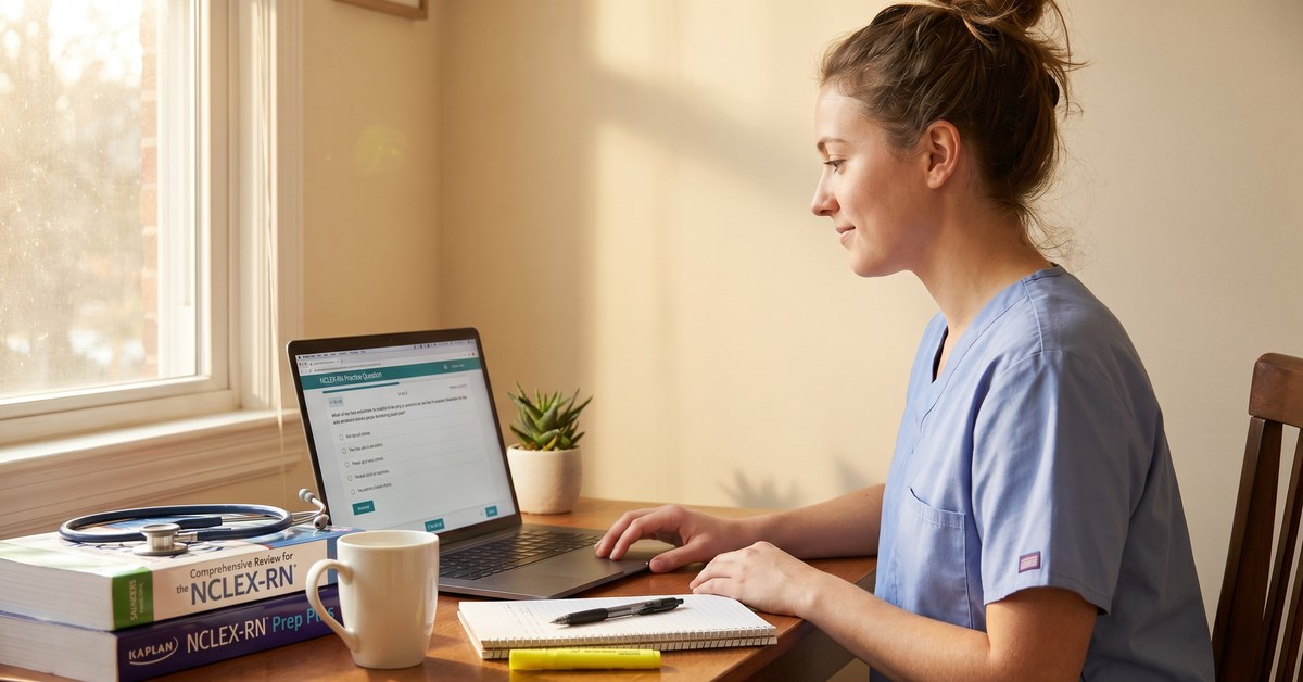 Nurse sitting behind desk studying on her laptop surrounded by nclex books.