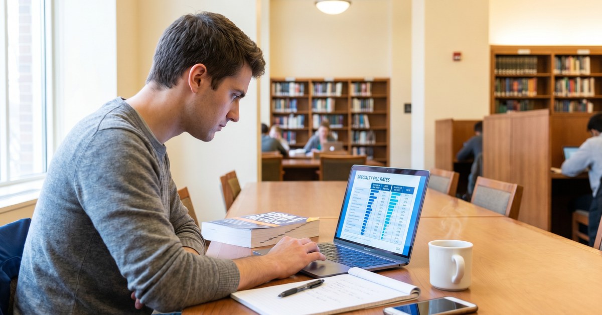 Man behind a desk looking at the residency match results on a laptop.