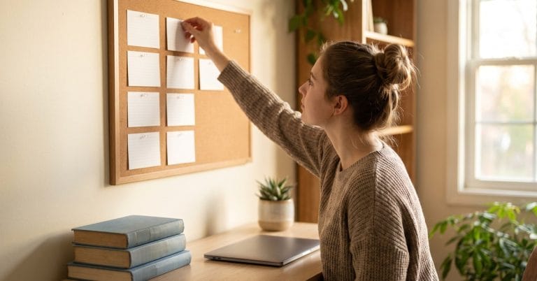 Premed student pinning blank index cards to a cork board to plan an mcat study schedule