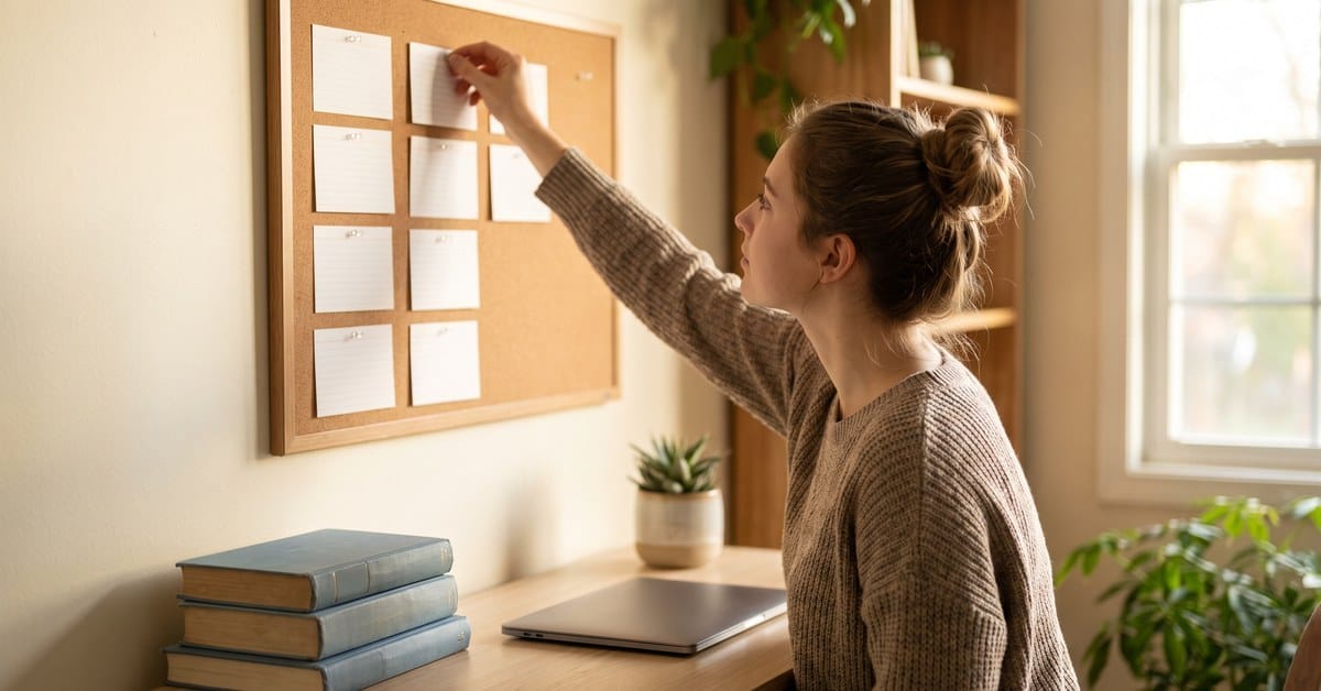 Premed student pinning blank index cards to a cork board to plan an mcat study schedule