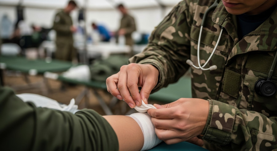 A close-up of a military medical professional in camouflage uniform applying a white bandage to a patient's arm inside a field tent.