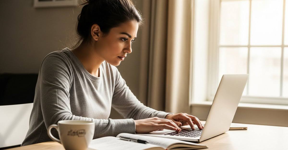 Woman studying behing her laptop
