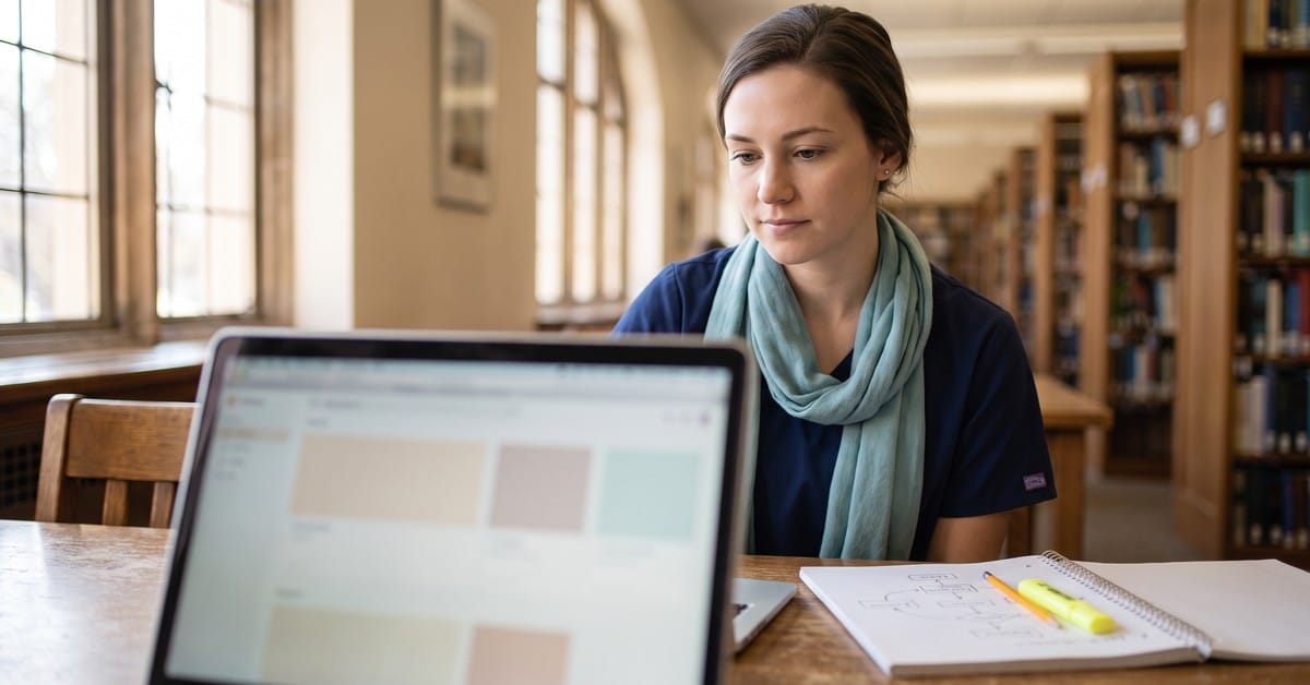 Woman sitting behind laptop in library