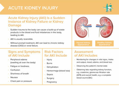 Acute kidney injury (aki) is a common and serious condition that affects many clients in clinical practice. It is characterized by a sudden loss of kidney function or damage to the kidneys, which can lead to a buildup of waste products in the blood and fluid imbalances in the body. Nurses play a critical role in the prevention, early detection, and management of acute kidney injury, so should be familiar with the causes, symptoms, and nursing interventions.