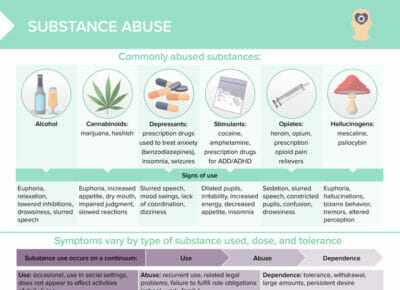 Overview of commonly abused substances, signs of use, risk factors, and client education