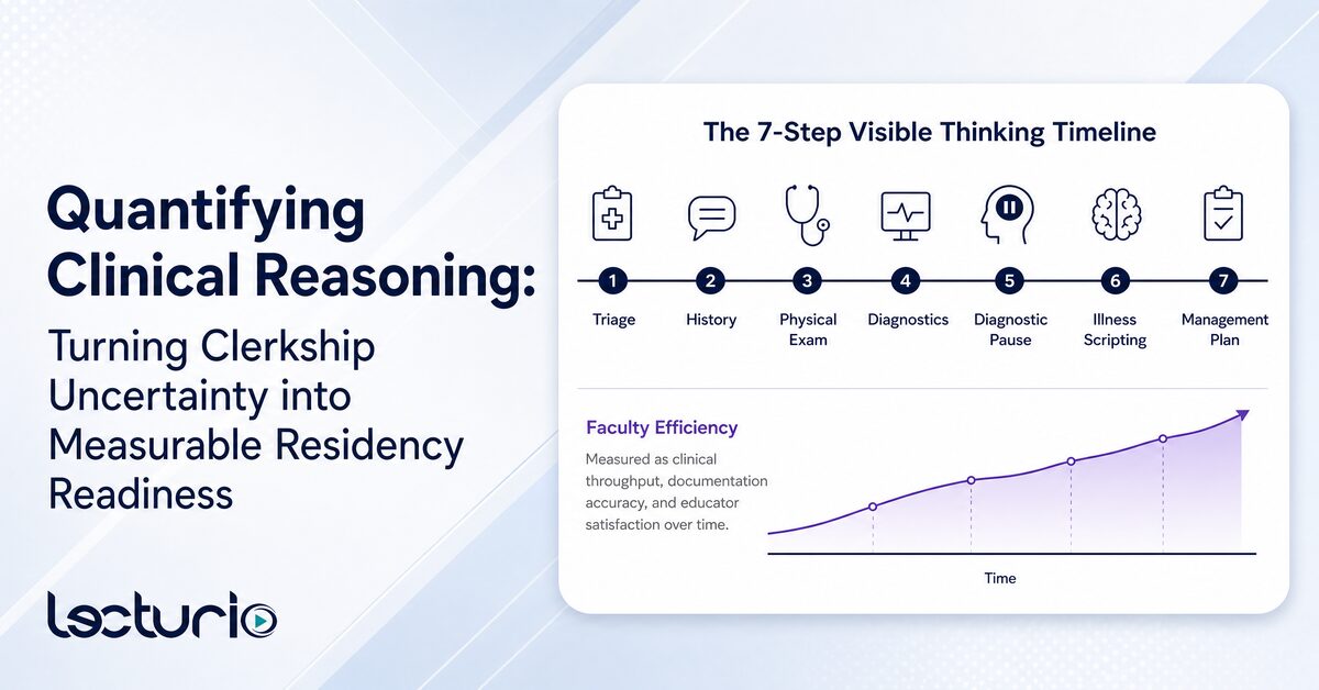 This professional infographic titled 'quantifying clinical reasoning' features a seven-step 'visible thinking timeline' tracking the student diagnostic workflow. A line graph below the timeline visualizes the growth of faculty efficiency over time, accompanied by the lecturio logo.