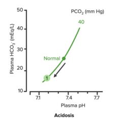 Relationship between plasma pH and plasma HCO3- in uncompensated metabolic acidosis
