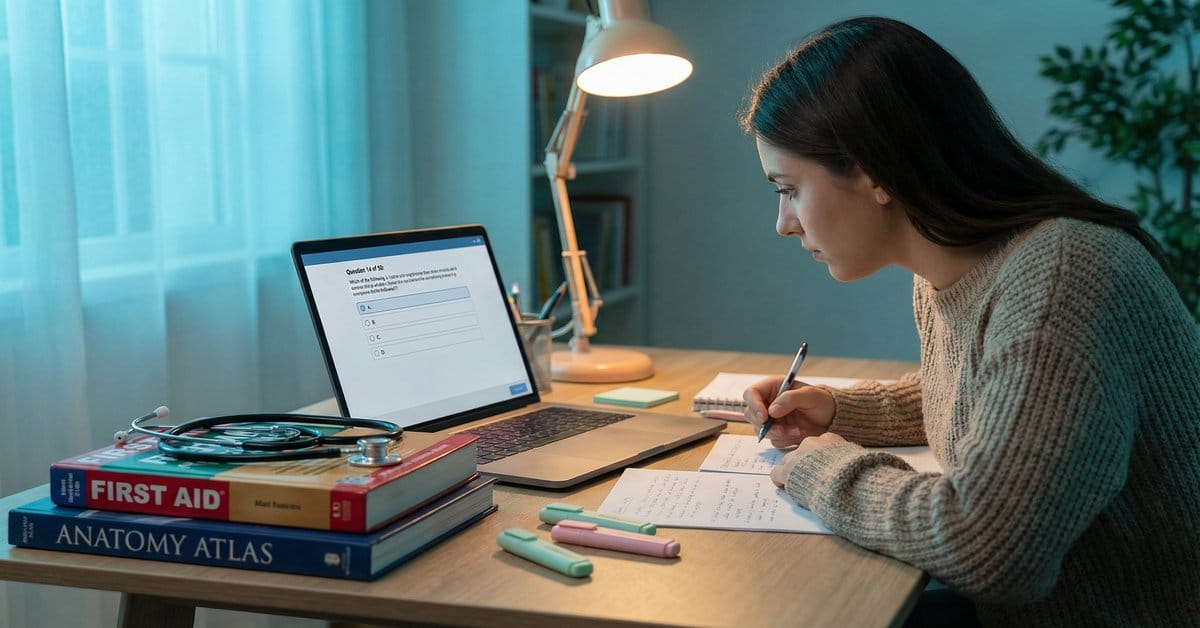 Person studying behind laptop surrounded by USMLE Step 1 study materials