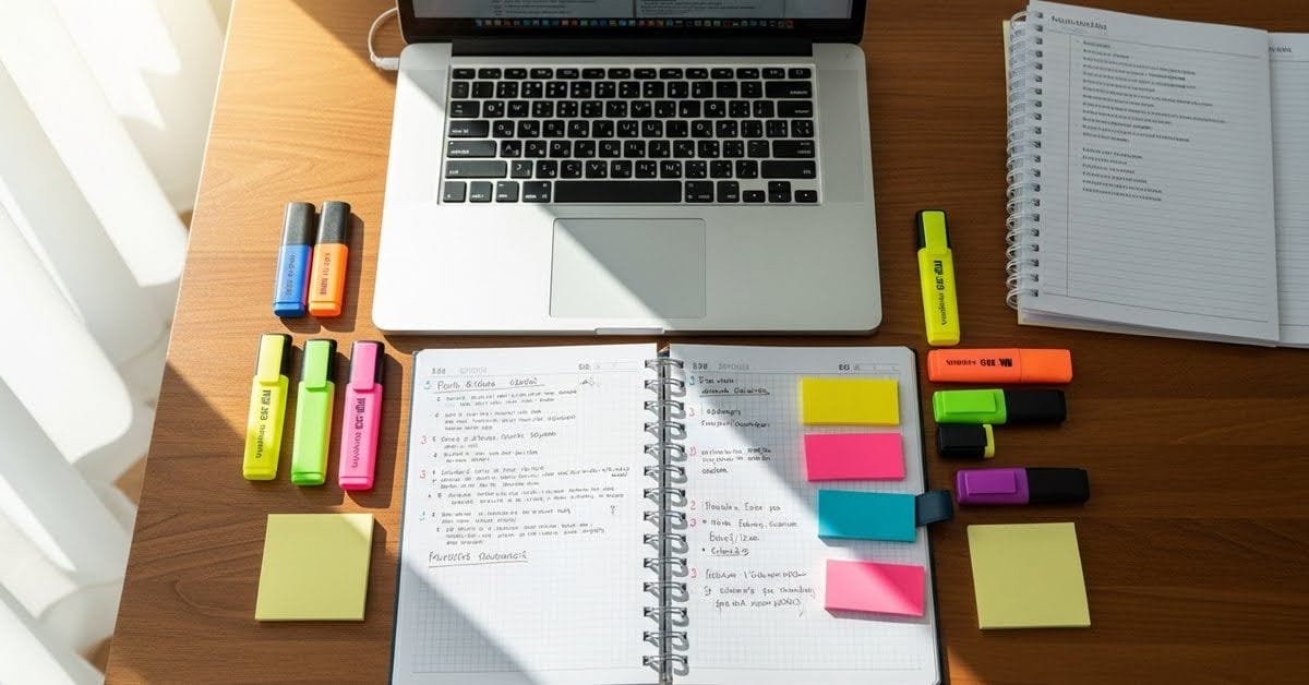 Desk full of study materials