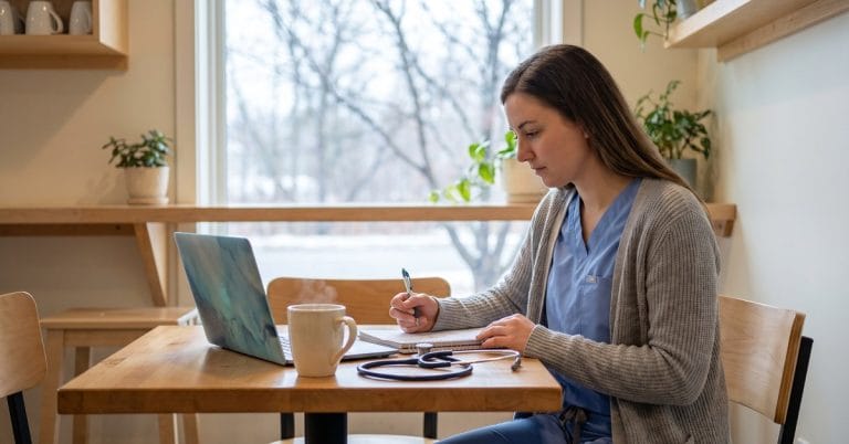 Nursing student sitting behind a desk taking notes