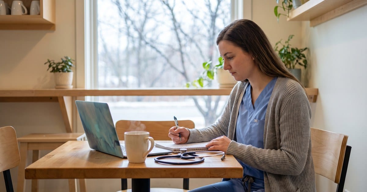 Nursing student sitting behind a desk taking notes