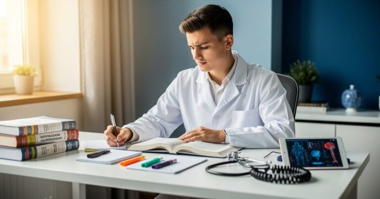 Medical student studying at his desk