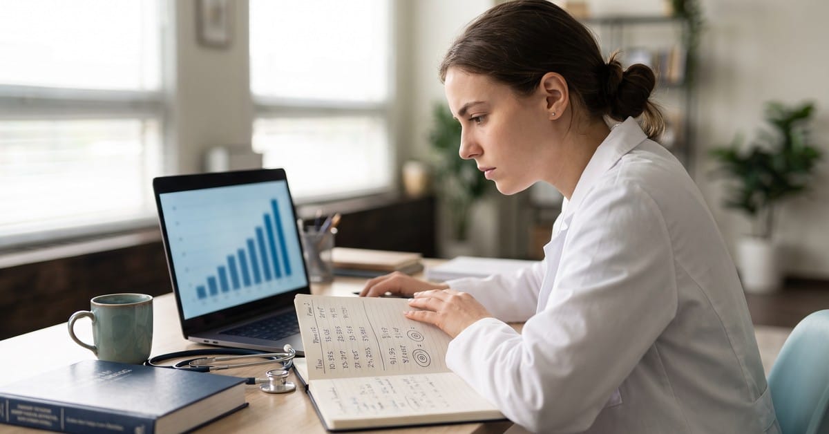 Woman sitting behind a desk looking at usmle step 2 ck scores