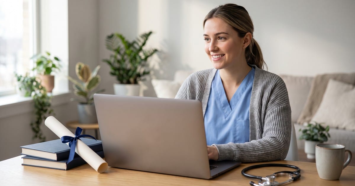 Nursing student sitting behind a laptop