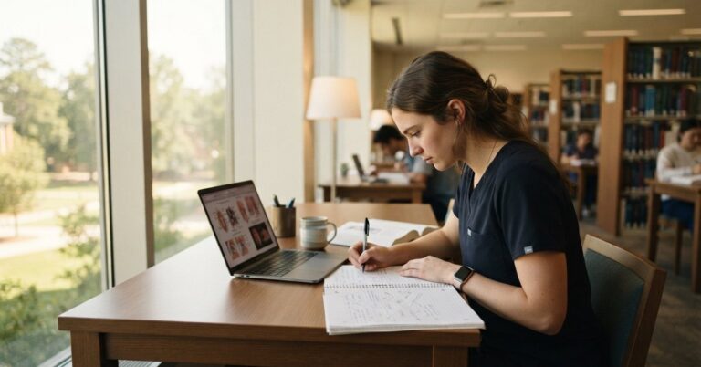 A student stitting by a desk studying.