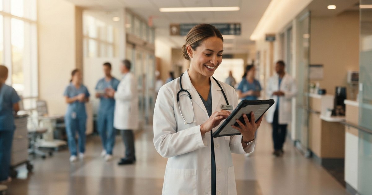 Lecturio comlex level 2 ce featured A smiling doctor standing in a hospital holding a tablet