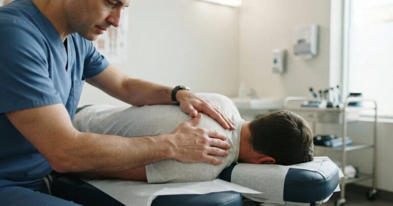 A doctor of osteopathy feeling a patient's shoulder