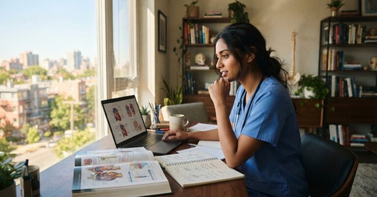A medical graduate studying behind laptop