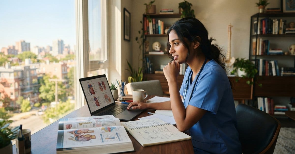 A medical graduate studying behind laptop