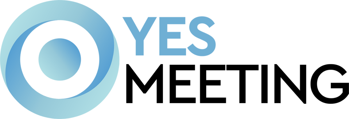 YES MEETING logo with blue concentric circles