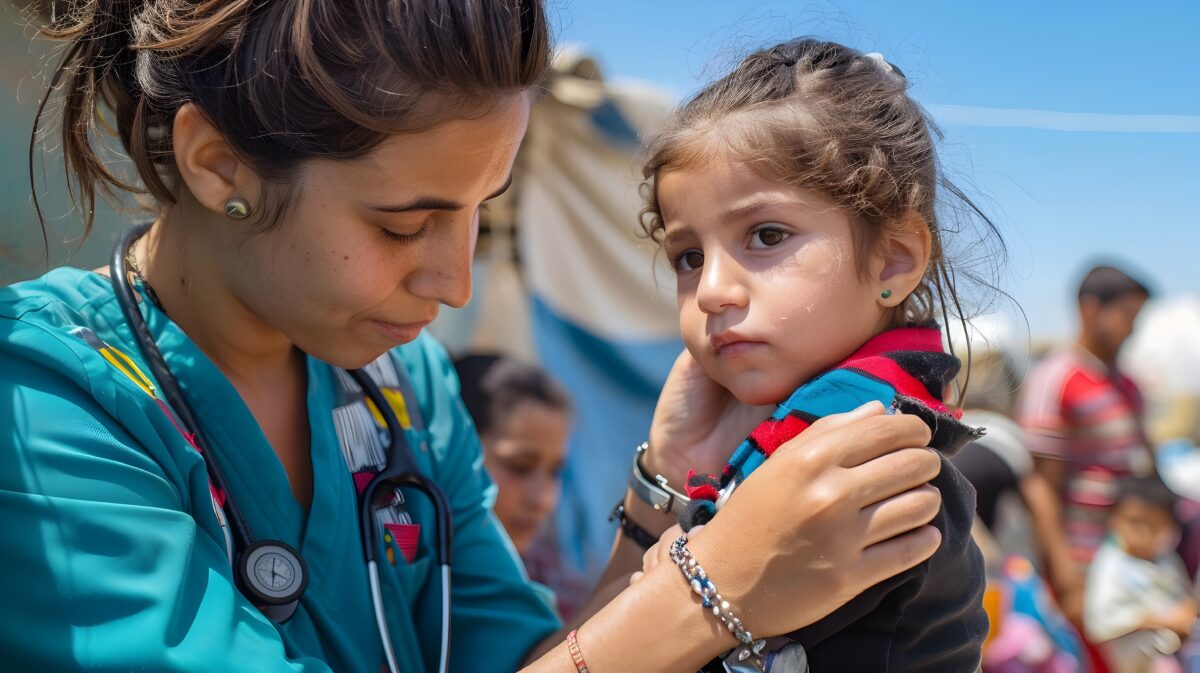 A healthcare worker in teal scrubs gently comforts a young child in an outdoor setting.