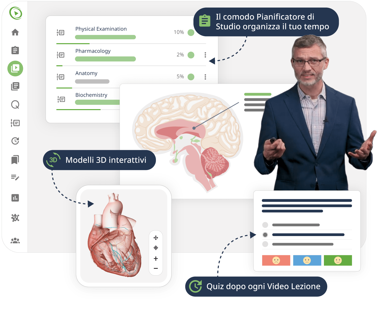 Pianificatore di studi di anatomia con lezioni video, quiz e modelli 3d.